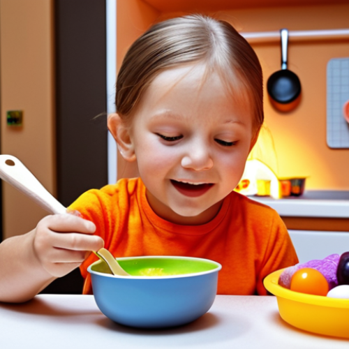 Home 15 A joyful 4-year-old child, with a sparkle in their eyes, intensely focused on "cooking" an imaginary meal at a colorful, detailed toy kitchen. The child is holding a wooden spoon, stirring an invisible mixture in a toy pot. Imaginary steam or subtle magical glows emanate from the pot, symbolizing boundless creativity and vivid imagination. The scene is bright and vibrant, capturing the magic of playtime, with other toy food items scattered around. Ultra realistic, high detail, warm lighting.
