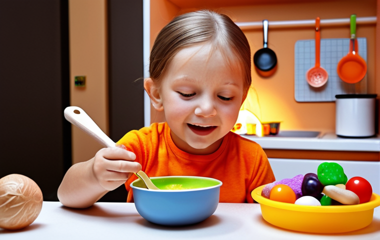 A joyful 4-year-old child, with a sparkle in their eyes, intensely focused on "cooking" an imaginary meal at a colorful, detailed toy kitchen. The child is holding a wooden spoon, stirring an invisible mixture in a toy pot. Imaginary steam or subtle magical glows emanate from the pot, symbolizing boundless creativity and vivid imagination. The scene is bright and vibrant, capturing the magic of playtime, with other toy food items scattered around. Ultra realistic, high detail, warm lighting.