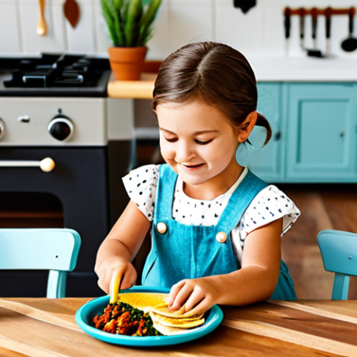 Home 14 A joyful child, fully clothed in modest, appropriate attire, deeply engaged in imaginative play with a vintage-style wooden toy kitchen. The kitchen features charming details reminiscent of a traditional home kitchen, with small, realistic miniature accessories like a mini paella pan and tiny tacos. The setting is a cozy, brightly lit playroom or family kitchen area, creating a warm, inviting atmosphere. The child's expression is one of serious concentration and delight. Perfect anatomy, correct proportions, natural pose, well-formed hands, proper finger count, natural body proportions, safe for work, appropriate content, fully clothed, family-friendly professional photography, high quality.