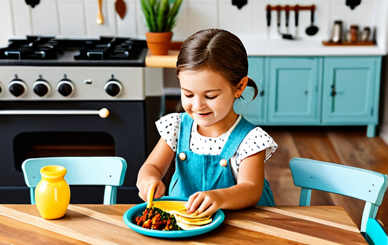 A joyful child, fully clothed in modest, appropriate attire, deeply engaged in imaginative play with a vintage-style wooden toy kitchen. The kitchen features charming details reminiscent of a traditional home kitchen, with small, realistic miniature accessories like a mini paella pan and tiny tacos. The setting is a cozy, brightly lit playroom or family kitchen area, creating a warm, inviting atmosphere. The child's expression is one of serious concentration and delight. Perfect anatomy, correct proportions, natural pose, well-formed hands, proper finger count, natural body proportions, safe for work, appropriate content, fully clothed, family-friendly professional photography, high quality.