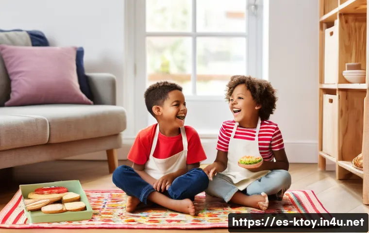 주방완구 정기 구독 서비스 - **Prompt:** A vibrant, joyful scene featuring two young children, a boy and a girl (around 5-7 years...