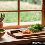 Home 22 주방완구 캐릭터 이야기 - A rustic kitchen scene featuring a wooden chef’s knife with a curved wooden handle resting on a wood...