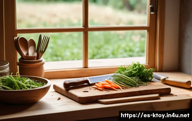 주방완구 캐릭터 이야기 - A rustic kitchen scene featuring a wooden chef’s knife with a curved wooden handle resting on a wood...