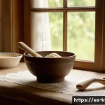 Home 21 주방완구 스토리텔링 팁 - A warm, nostalgic kitchen scene featuring a handcrafted wooden spoon resting on a rustic wooden tabl...