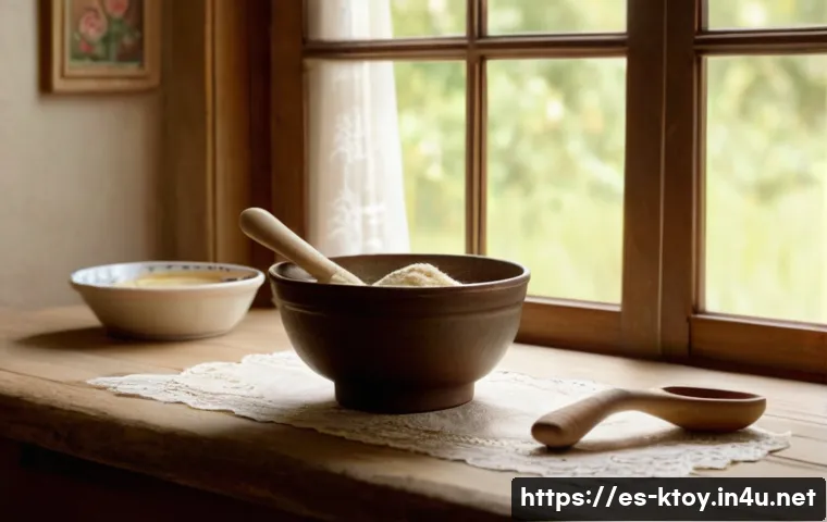 주방완구 스토리텔링 팁 - A warm, nostalgic kitchen scene featuring a handcrafted wooden spoon resting on a rustic wooden tabl...