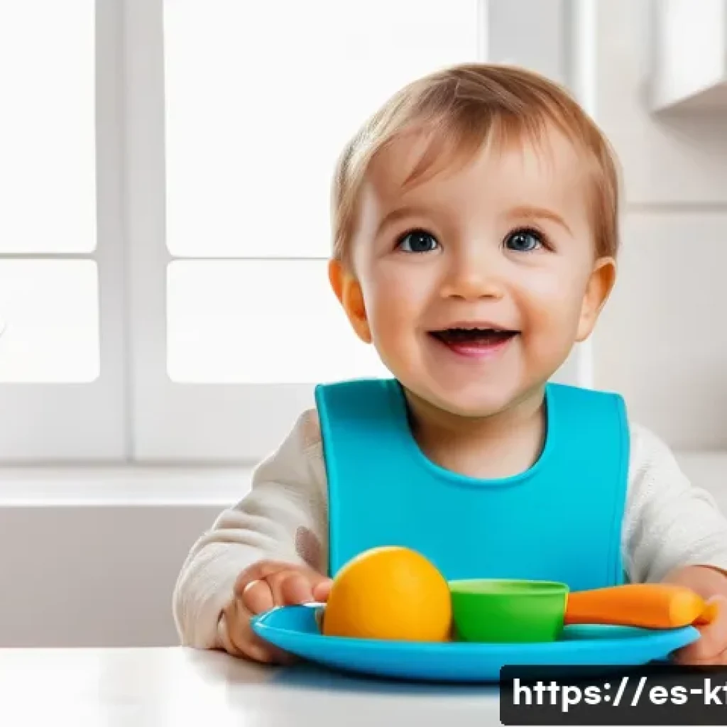 주방완구와 유아 심리 - A cheerful toddler wearing a colorful bib and a diaper, sitting at a bright kitchen table in a moder...