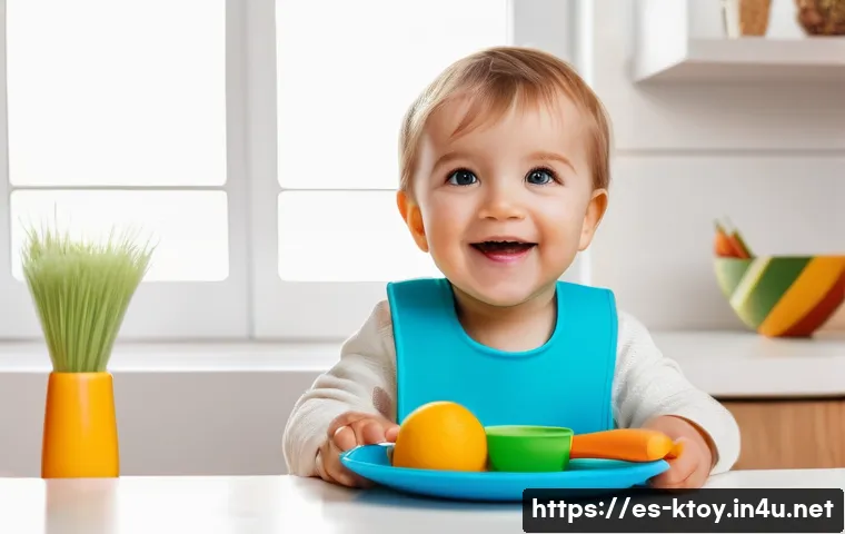 주방완구와 유아 심리 - A cheerful toddler wearing a colorful bib and a diaper, sitting at a bright kitchen table in a moder...