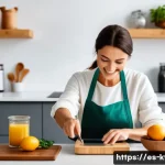 Home 19 주방완구 맞춤형 추천 알고리즘 - A modern Spanish kitchen scene showing a middle-aged woman wearing casual home clothes and an apron,...