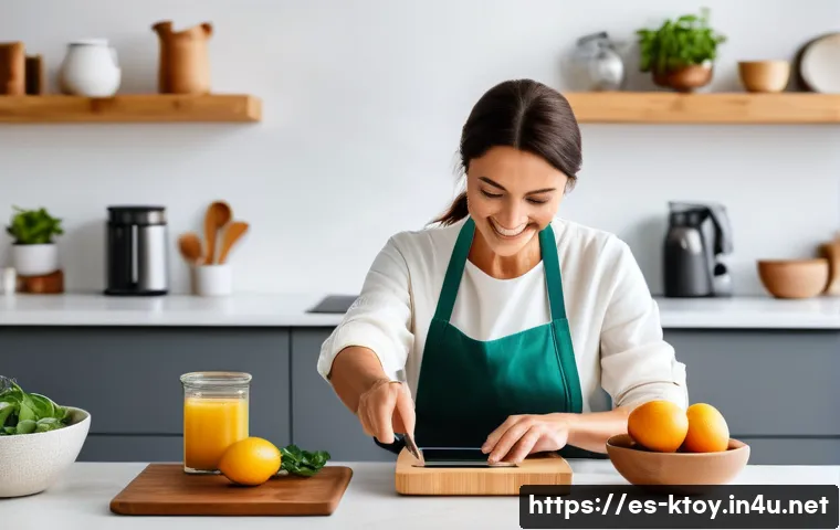 주방완구 맞춤형 추천 알고리즘 - A modern Spanish kitchen scene showing a middle-aged woman wearing casual home clothes and an apron,...