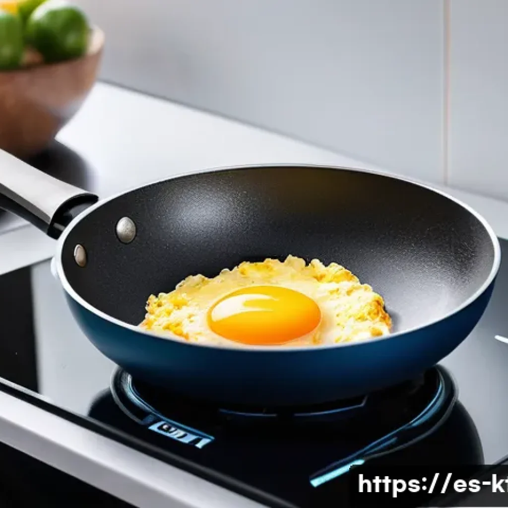 주방완구 리뷰 작성 팁 - A modern kitchen scene featuring a high-quality stainless steel frying pan with a durable non-stick ...