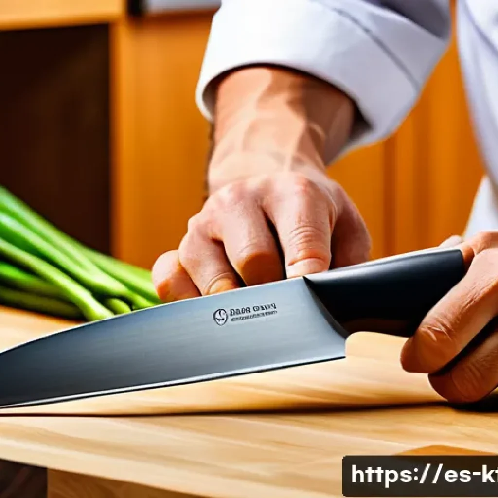 한정판 주방완구 정보 - A modern kitchen scene featuring a chef holding a limited-edition ergonomic chef&rsquo;s knife with a hand...