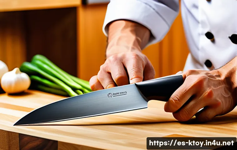 한정판 주방완구 정보 - A modern kitchen scene featuring a chef holding a limited-edition ergonomic chef&rsquo;s knife with a hand...