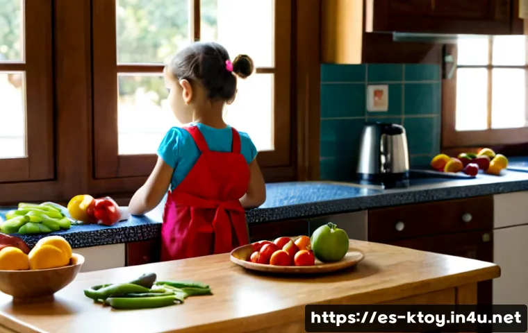 주방완구와 인지 발달 - Photorealistic bright family kitchen in a Spanish-speaking home, a preschool child wearing a colorfu...
